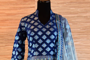 Shop beautiful blue chanderi silk embroidered floor length Anarkali suit online in USA. Be the talk of every occasion with exquisite Indian designer suit from Pure Elegance Indian clothing store in USA. -front