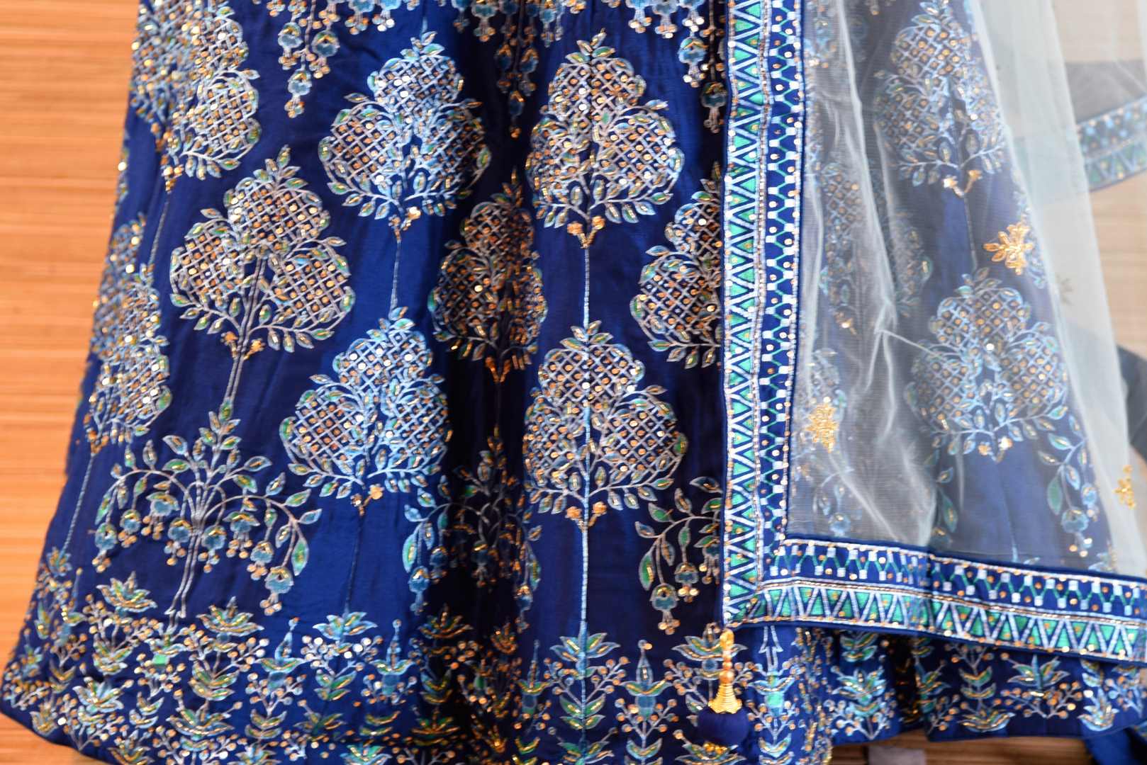 Shop beautiful blue chanderi silk embroidered floor length Anarkali suit online in USA. Be the talk of every occasion with exquisite Indian designer suit from Pure Elegance Indian clothing store in USA. -bottom