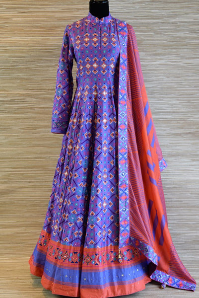 raw silk dresses with ikkat dupattas Silk Dresses Raw Silk Anarkalis With Ikkat Dupattas Coral Handcrafted Tissue Silk Anarkali Kurta With Churidaar