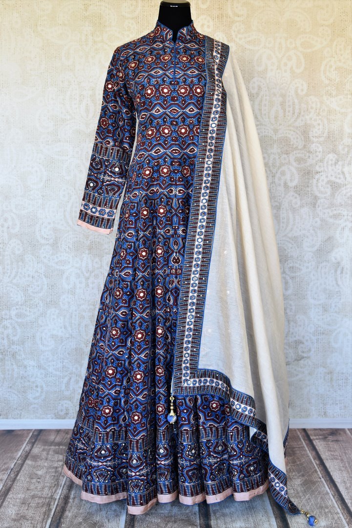 Buy blue Kalamkari print silk Anarkali suit online in USA with gota work. Make your party style absolutely special with beautiful Indian designer suits from Pure Elegance Indian fashion store in USA. Get floored with a range of beautiful Anarkali suits, designer lehengas, Indian dresses all under one roof for Indian women in USA.-full view