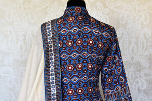 Buy blue Kalamkari print silk Anarkali suit online in USA with gota work. Make your party style absolutely special with beautiful Indian designer suits from Pure Elegance Indian fashion store in USA. Get floored with a range of beautiful Anarkali suits, designer lehengas, Indian dresses all under one roof for Indian women in USA.-back