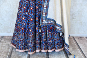 Buy blue Kalamkari print silk Anarkali suit online in USA with gota work. Make your party style absolutely special with beautiful Indian designer suits from Pure Elegance Indian fashion store in USA. Get floored with a range of beautiful Anarkali suits, designer lehengas, Indian dresses all under one roof for Indian women in USA.-bottom