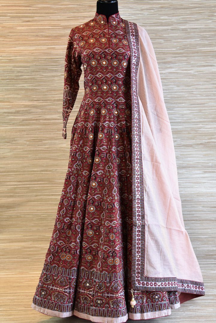 Buy maroon chanderi silk patola print Anarkali suit online in USA with dupatta. Be the talk of every occasion with exquisite Indian designer suits from Pure Elegance Indian clothing store in USA. -full view