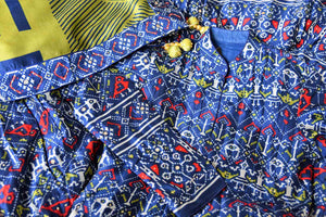 Buy blue hand work ikat silk Anarkali suit online in USA with green dupatta. Be the talk of weddings and special occasions with a splendid collection of Indian designer suits from Pure Elegance Indian clothing store in USA. We have a spectacular range of designer dresses, bridal lehengas for Indian brides in USA.-details