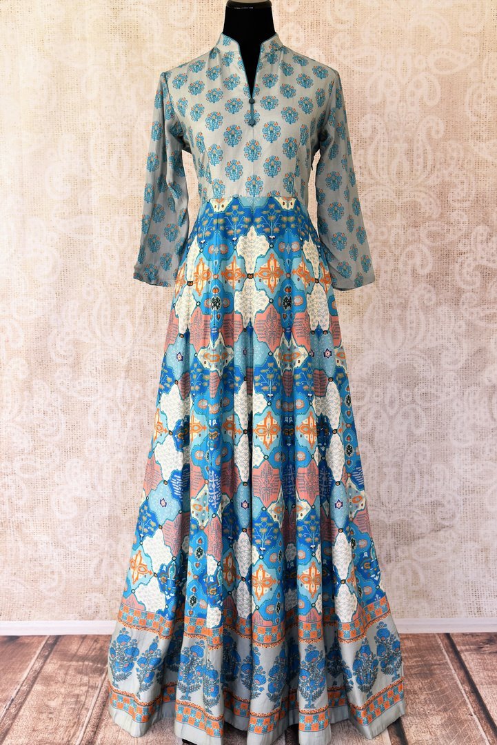 Shop beautiful blue printed silk Anarkali dress online in USA. Be the talk of weddings and special occasions with a splendid collection of Indian designer suits from Pure Elegance Indian clothing store in USA. We have a spectacular range of designer dresses, bridal lehengas for Indian brides in USA.-full view
