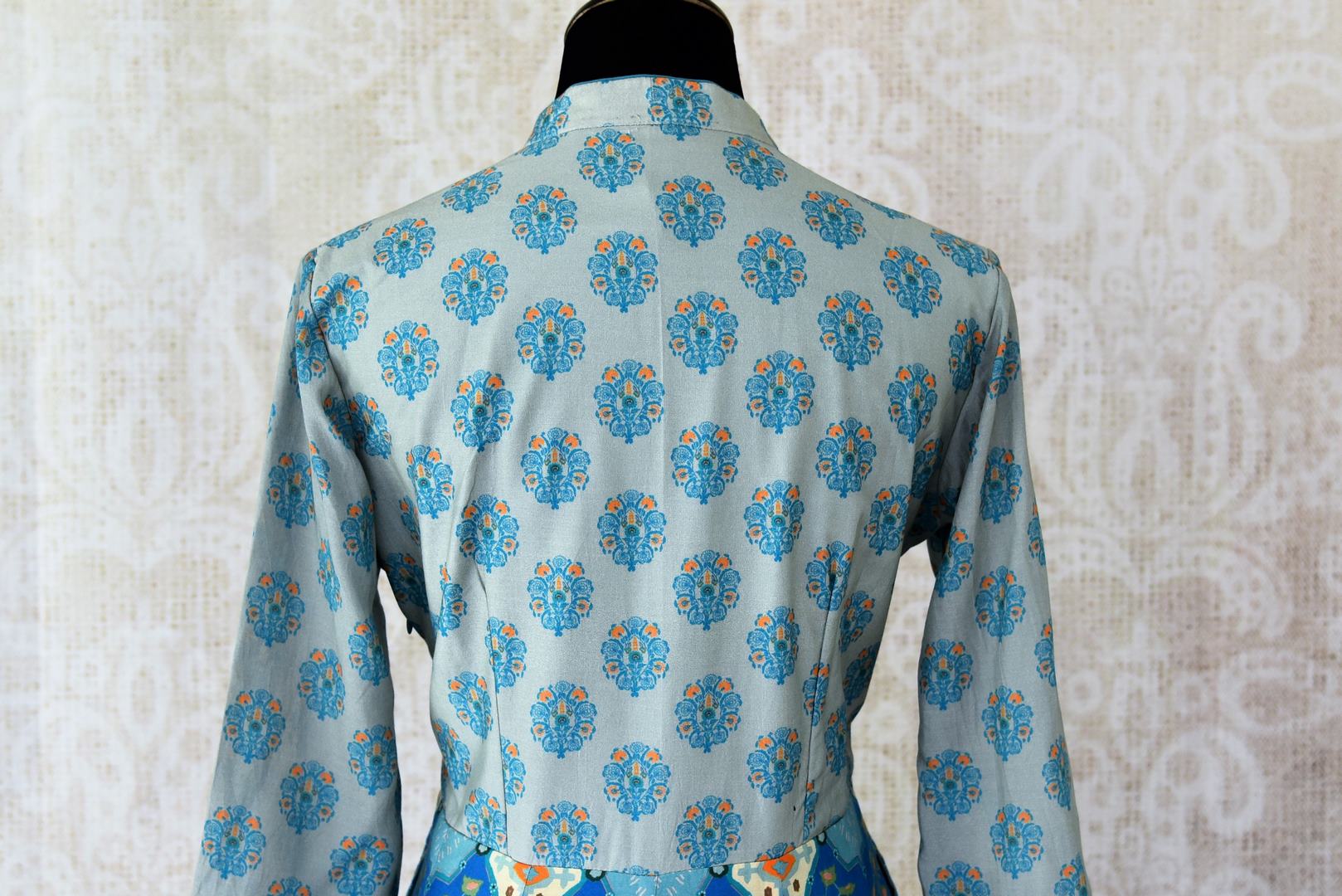 Shop beautiful blue printed silk Anarkali dress online in USA. Be the talk of weddings and special occasions with a splendid collection of Indian designer suits from Pure Elegance Indian clothing store in USA. We have a spectacular range of designer dresses, bridal lehengas for Indian brides in USA.-back