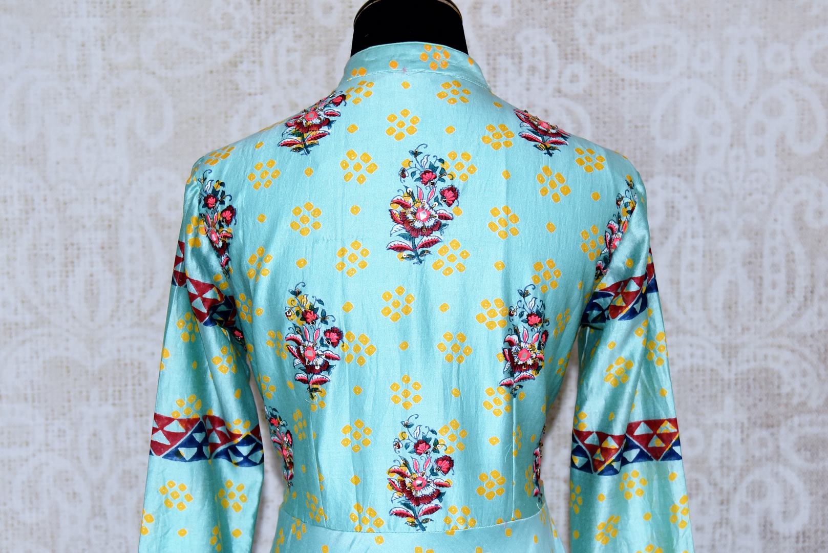 Shop light blue printed and embroidered silk Anarkali dress online in USA. Be the talk of weddings and special occasions with a splendid collection of Indian designer suits from Pure Elegance Indian clothing store in USA. We have a spectacular range of designer dresses, designer lehengas for Indian women in USA.-back