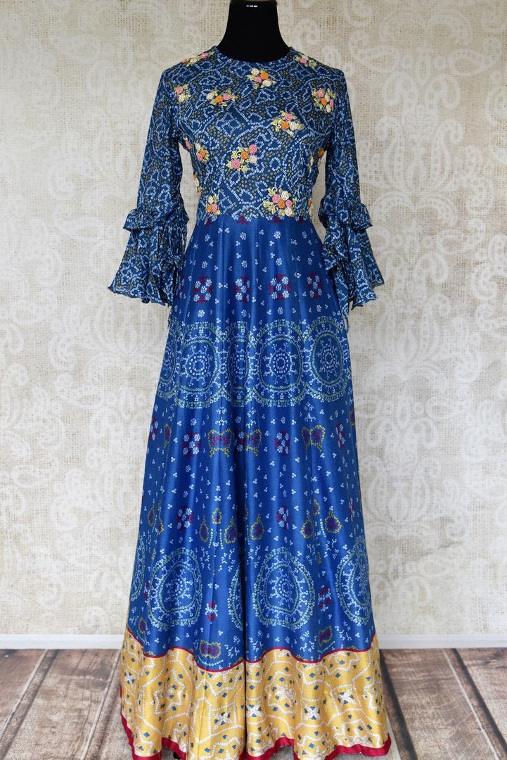 Buy blue Bandhej silk embroidered Anarkali dress online in USA. Be the talk of weddings and special occasions with a splendid collection of Indian designer suits from Pure Elegance Indian clothing store in USA. We have a spectacular range of designer dresses, designer lehengas for Indian women in USA.-full view
