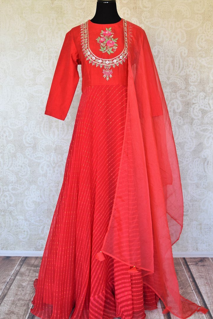 Shop red silk georgette embroidered Anarkali suit online in USA. Be the talk of weddings and special occasions with a splendid collection of Indian designer suits from Pure Elegance Indian clothing store in USA. We have a spectacular range of designer dresses, designer lehengas for Indian women in USA.-full view