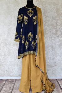 Buy navy blue and beige embroidered cotton palazzo suit online in USA with dupatta. Make fashionable choices with latest Indian designer clothes from Pure Elegance Indian fashion store in USA. Shop traditional Anarkali suits, designer lehengas for Indian brides in USA from our online store.-full view