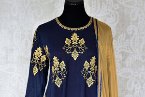 Buy navy blue and beige embroidered cotton palazzo suit online in USA with dupatta. Make fashionable choices with latest Indian designer clothes from Pure Elegance Indian fashion store in USA. Shop traditional Anarkali suits, designer lehengas for Indian brides in USA from our online store.-front