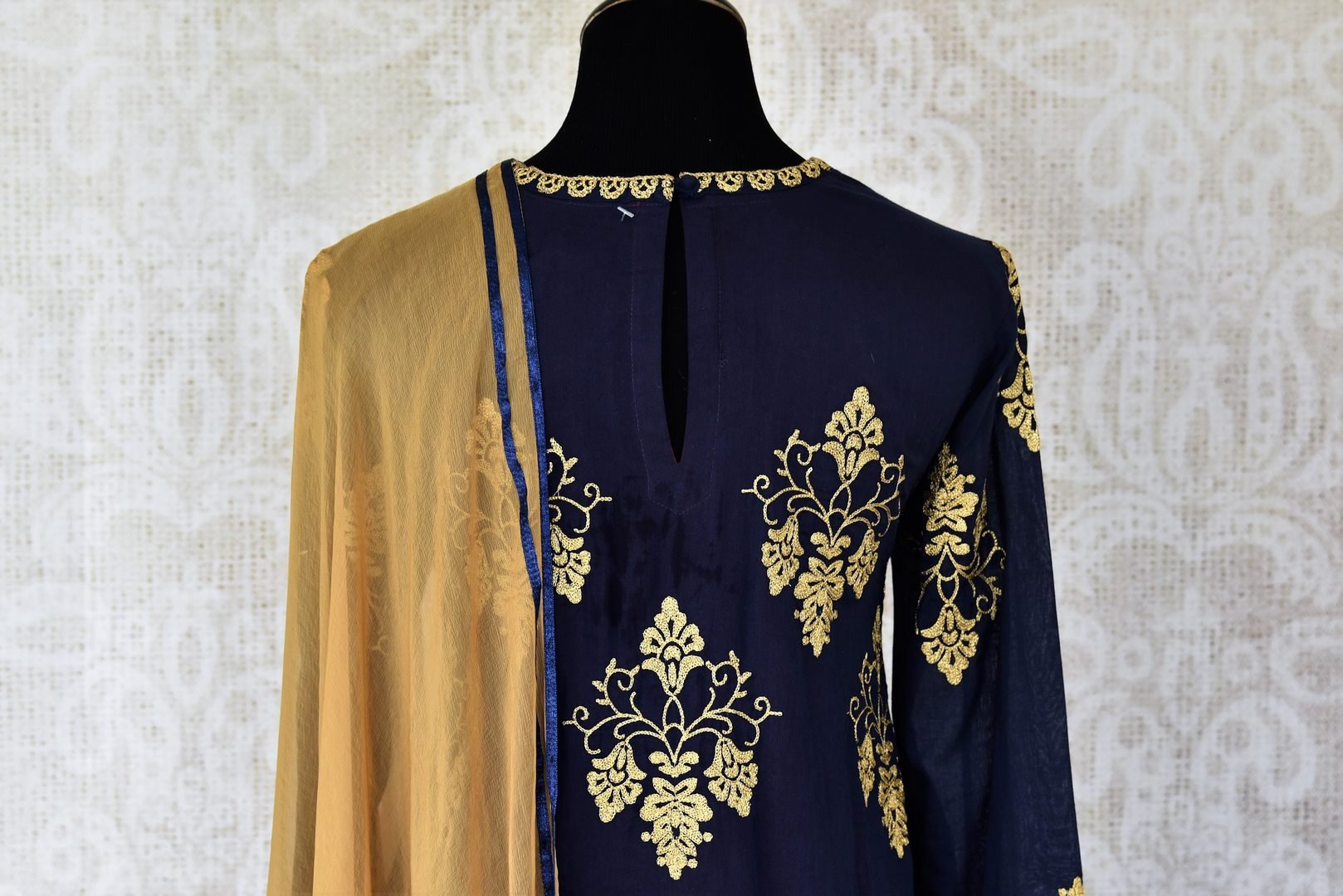 Buy navy blue and beige embroidered cotton palazzo suit online in USA with dupatta. Make fashionable choices with latest Indian designer clothes from Pure Elegance Indian fashion store in USA. Shop traditional Anarkali suits, designer lehengas for Indian brides in USA from our online store.-back