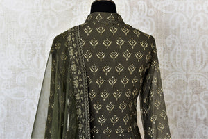 Grey printed georgette Anarkali suit for online shopping in USA with stonework. Get floored by a vibrant collection of Indian designer clothes at Pure Elegance Indian fashion store in USA. Choose from a beautiful range of Indian wedding dresses, designer lehengas and Anarkali suits for special occasions.-back