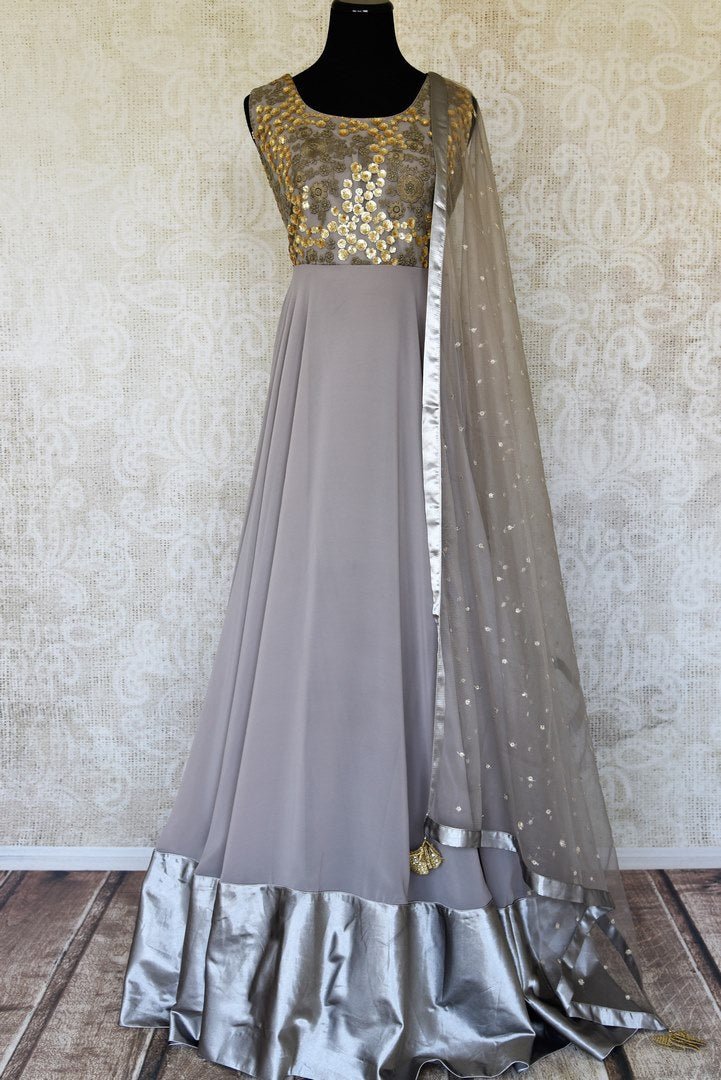 Shop grey embroidered georgette net Anarkali suit online in USA with dupatta. Make fashionable choices with latest Indian designer clothing from Pure Elegance Indian fashion store in USA. Shop Indian salwar suits, designer Anarkali suits and bridal lehengas for Indian brides in USA from our online store.-full view