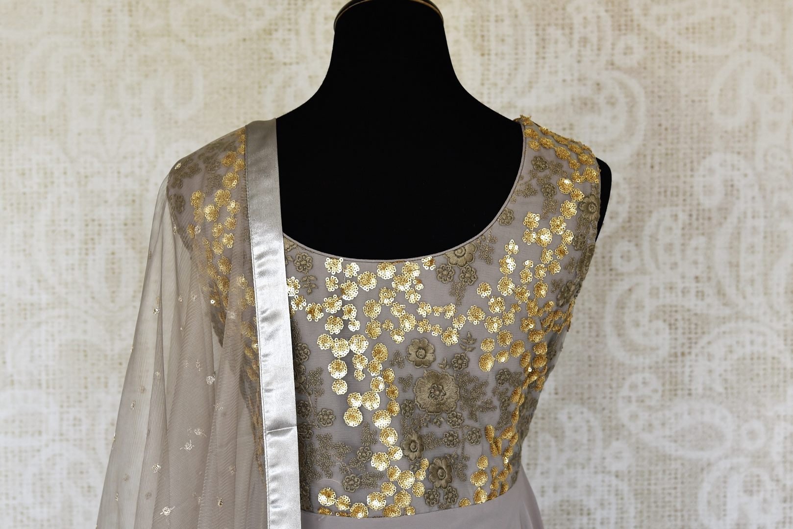 Shop grey embroidered georgette net Anarkali suit online in USA with dupatta. Make fashionable choices with latest Indian designer clothing from Pure Elegance Indian fashion store in USA. Shop Indian salwar suits, designer Anarkali suits and bridal lehengas for Indian brides in USA from our online store.-back