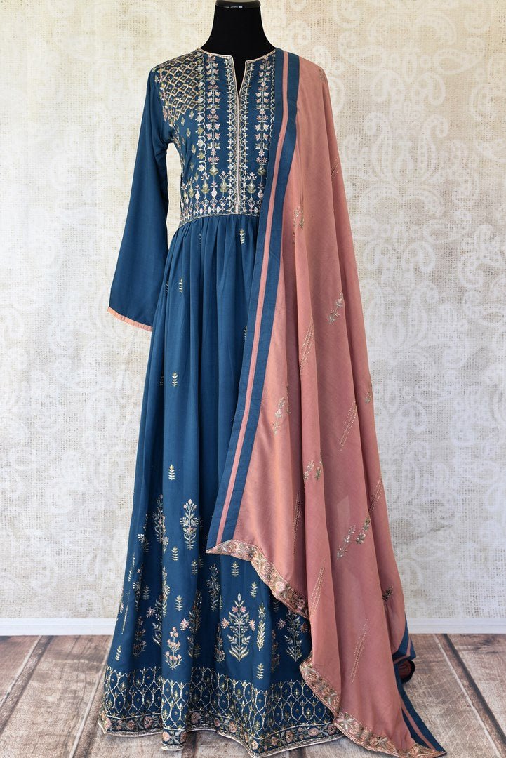 Buy dark blue embroidered cotton silk Anarkali suit online in USA with dupatta. Keep your wardrobe update with latest Indian clothing from Pure Elegance Indian fashion store in USA. Shop beautiful Indian designer lehengas, Anarkali suits, gowns for Indian women in USA from our online store.-full view