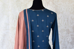 Buy dark blue embroidered cotton silk Anarkali suit online in USA with dupatta. Keep your wardrobe update with latest Indian clothing from Pure Elegance Indian fashion store in USA. Shop beautiful Indian designer lehengas, Anarkali suits, gowns for Indian women in USA from our online store.-back