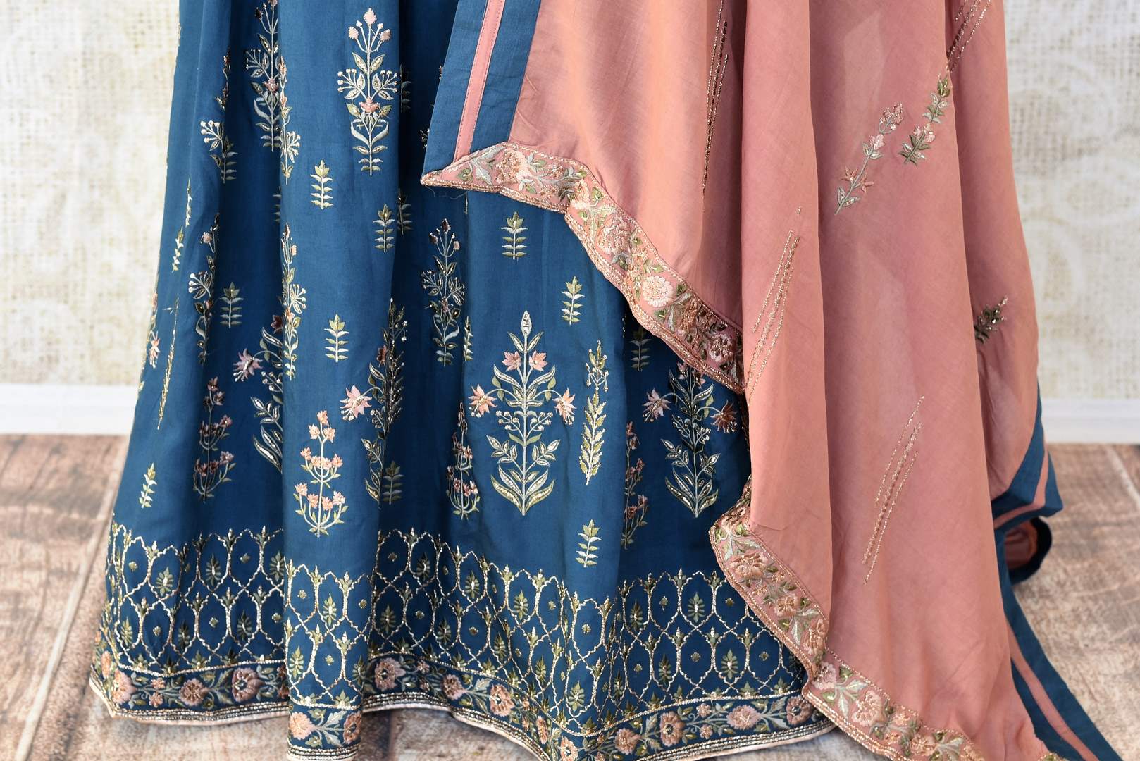 Buy dark blue embroidered cotton silk Anarkali suit online in USA with dupatta. Keep your wardrobe update with latest Indian clothing from Pure Elegance Indian fashion store in USA. Shop beautiful Indian designer lehengas, Anarkali suits, gowns for Indian women in USA from our online store.-bottom