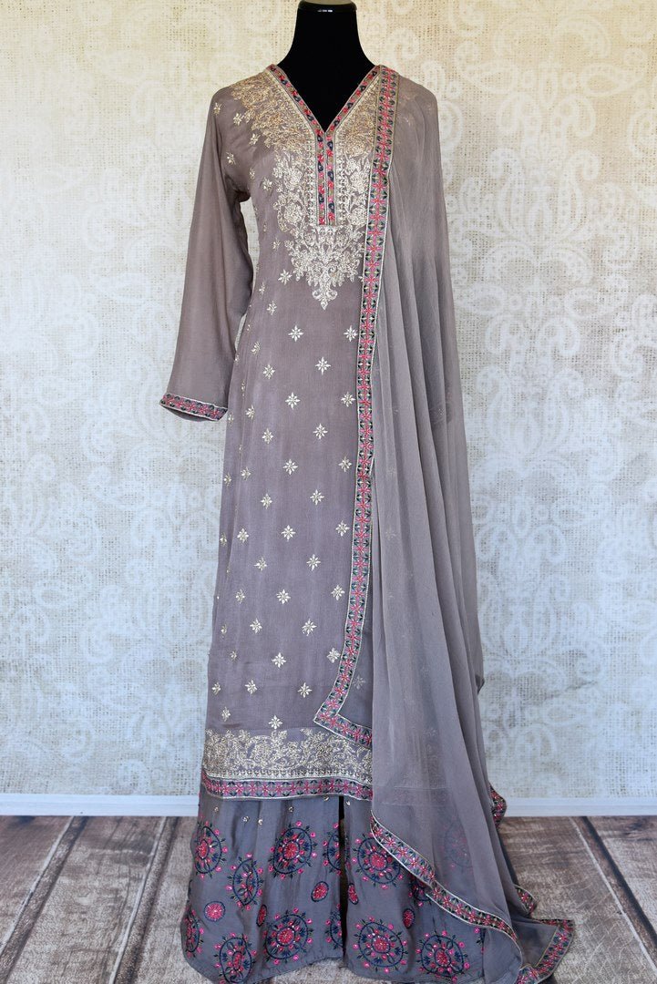 Shop grey embroidered chiffon silk palazzo suit online in USA with dupatta. Keep your wardrobe update with latest Indian clothing from Pure Elegance Indian fashion store in USA. Shop beautiful Indian designer lehengas, Anarkali suits, gowns for Indian women in USA from our online store.-full view