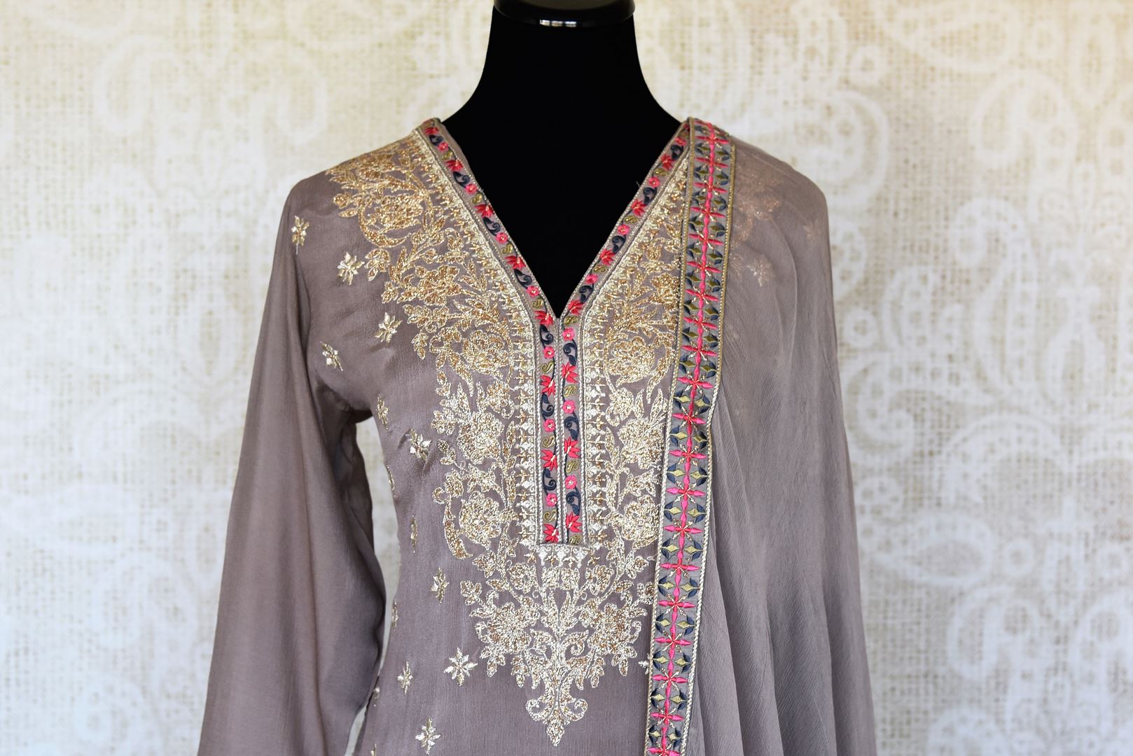 Shop grey embroidered chiffon silk palazzo suit online in USA with dupatta. Keep your wardrobe update with latest Indian clothing from Pure Elegance Indian fashion store in USA. Shop beautiful Indian designer lehengas, Anarkali suits, gowns for Indian women in USA from our online store.-front