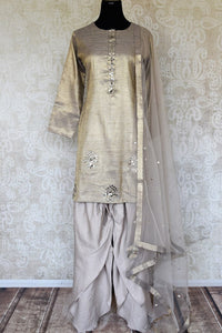 Shop beautiful golden and grey mirror work silk salwar suit online in USA with dupatta. Keep your wardrobe update with latest Indian clothing from Pure Elegance Indian fashion store in USA. Shop beautiful Indian designer lehengas, Anarkali suits, gowns for Indian women in USA from our online store.-full view