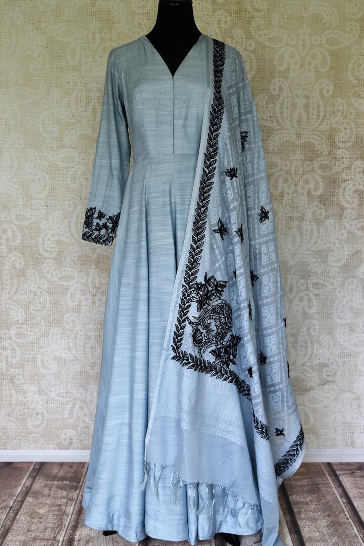Buy chambray blue mulberry silk Anarkali suit online in USA with dupatta. Update your saree wardrobe with stunning Indian designer Anarkali suits from Pure Elegance Indian fashion store in USA. Shop now.-full view