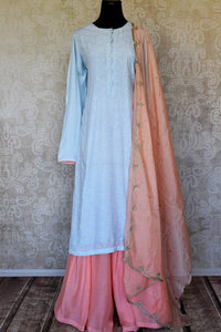 Shop sky blue and pink palazzo suit online in USA with badla work and dupatta. Make fashionable choices with latest Indian designer clothing from Pure Elegance Indian fashion store in USA. Shop Indian salwar suits, designer Anarkali suits and bridal lehengas for Indian brides in USA from our online store.-full view