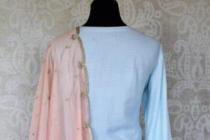 Shop sky blue and pink palazzo suit online in USA with badla work and dupatta. Make fashionable choices with latest Indian designer clothing from Pure Elegance Indian fashion store in USA. Shop Indian salwar suits, designer Anarkali suits and bridal lehengas for Indian brides in USA from our online store.-back