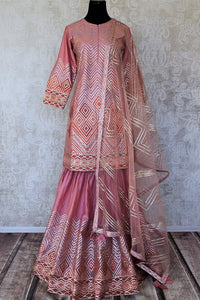 Shop soft pink gota pink silk kurta skirt set online in USA with dupatta. Keep your wardrobe update with latest Indian clothing from Pure Elegance Indian fashion store in USA. Shop beautiful Indian designer lehengas, Anarkali suits, gowns for Indian women in USA from our online store.-full view
