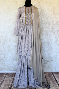 Buy grey printed stonework crepe palazzo suit online in USA with dupatta. Keep your wardrobe update with latest Indian clothing from Pure Elegance Indian fashion store in USA. Shop beautiful Indian designer lehengas, Anarkali suits, gowns for Indian women in USA from our online store.-full view