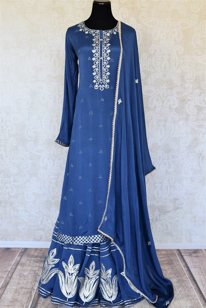Shop blue gota lacework crepe silk palazzo suit online in USA with blue dupatta. Keep your wardrobe update with latest Indian clothing from Pure Elegance Indian fashion store in USA. Shop beautiful Indian designer lehengas, Anarkali suits, gowns for Indian women in USA from our online store.-full view