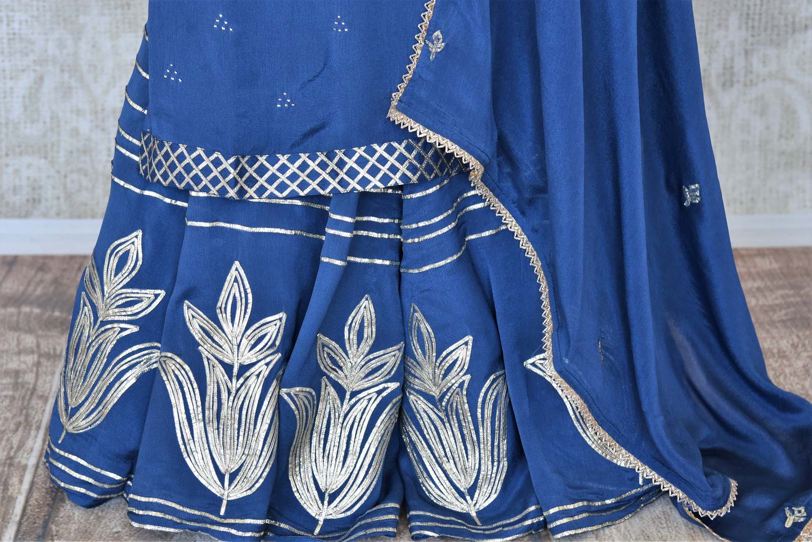 Shop blue gota lacework crepe silk palazzo suit online in USA with blue dupatta. Keep your wardrobe update with latest Indian clothing from Pure Elegance Indian fashion store in USA. Shop beautiful Indian designer lehengas, Anarkali suits, gowns for Indian women in USA from our online store.-palazzo