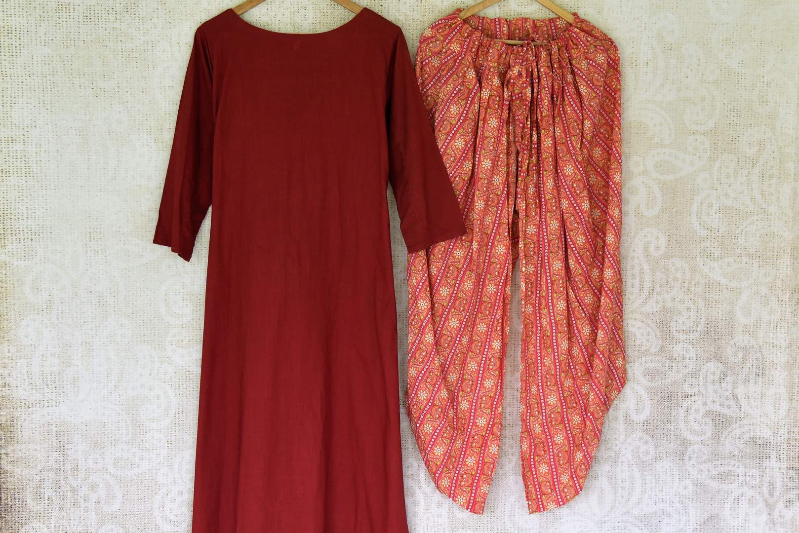 Buy maroon linen kurta online in USA with printed cotton salwar from Pure Elegance Indian fashion store in USA. Make a stylish fashion statement this summer with a range of exquisite Indian designer dresses available online and at our clothing store in USA. Shop now.-front