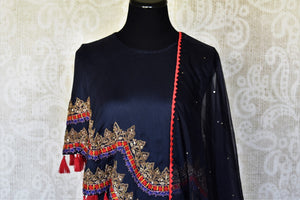 Buy blue hand embroidery silk Anarkali online in USA with dupatta. Relive tradition in Indian designer suits from Pure Elegance Indian clothing store in USA. Enhance your ethnic look with Indian dresses, Anarkali suits and Indowestern dresses available online.-front