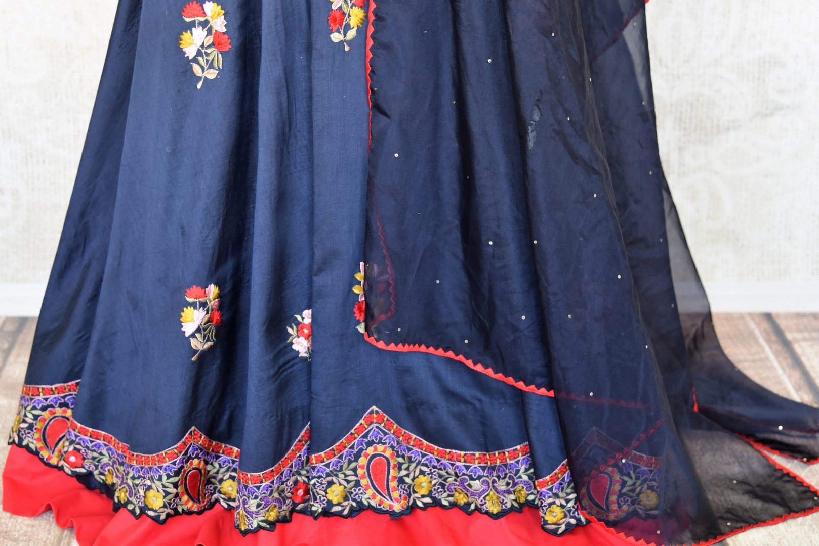 Buy blue hand embroidery silk Anarkali online in USA with dupatta. Relive tradition in Indian designer suits from Pure Elegance Indian clothing store in USA. Enhance your ethnic look with Indian dresses, Anarkali suits and Indowestern dresses available online.-bottom