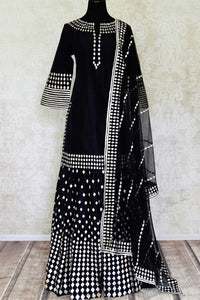 Buy ravishing black applique work silk sharara suit in USA with dupatta. Shine bright on weddings and special occasions with beautiful Indian dresses, designer lehengas from Pure Elegance Indian fashion store in USA.-full view