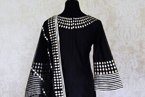 Buy ravishing black applique work silk sharara suit in USA with dupatta. Shine bright on weddings and special occasions with beautiful Indian dresses, designer lehengas from Pure Elegance Indian fashion store in USA.-back