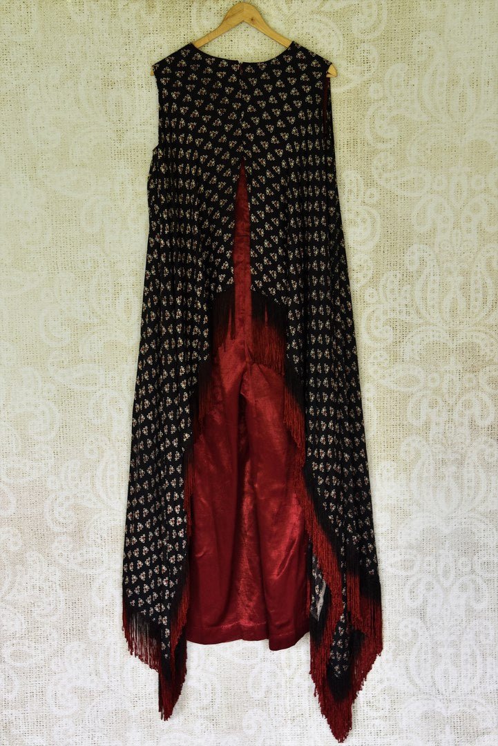 Shop black Ajrak gajji silk top online in USA with maroon pants. Be a vivid picture of ethnic fashion with an exquisite range of Indian designer clothing from Pure Elegance Indian clothing store in USA. Shop online.-full view