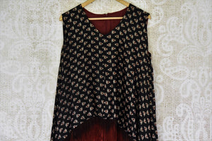 Shop black Ajrak gajji silk top online in USA with maroon pants. Be a vivid picture of ethnic fashion with an exquisite range of Indian designer clothing from Pure Elegance Indian clothing store in USA. Shop online.-front