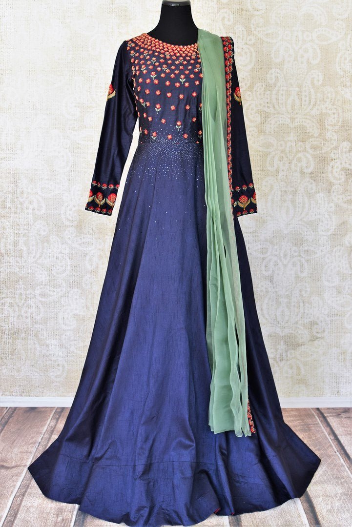 Buy navy blue embroidered silk Anarkali suit online in USA with green dupatta. Step up your ethnic fashion game with exquisite variety of designer Anarkali suits from Pure Elegance Indian clothing store in USA. Shop online.-full view