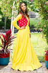 Buy yellow chanderi silk Anarkali online in USA with red embroidered vest. Look glamorous at weddings and special occasions with a range of exquisite Indian designer Anarkalis from Pure Elegance Indian clothing store in USA.-full view