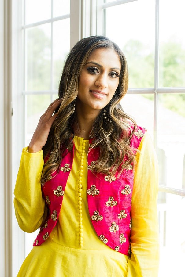 Buy yellow chanderi silk Anarkali online in USA with red embroidered vest. Look glamorous at weddings and special occasions with a range of exquisite Indian designer Anarkalis from Pure Elegance Indian clothing store in USA.-closeup