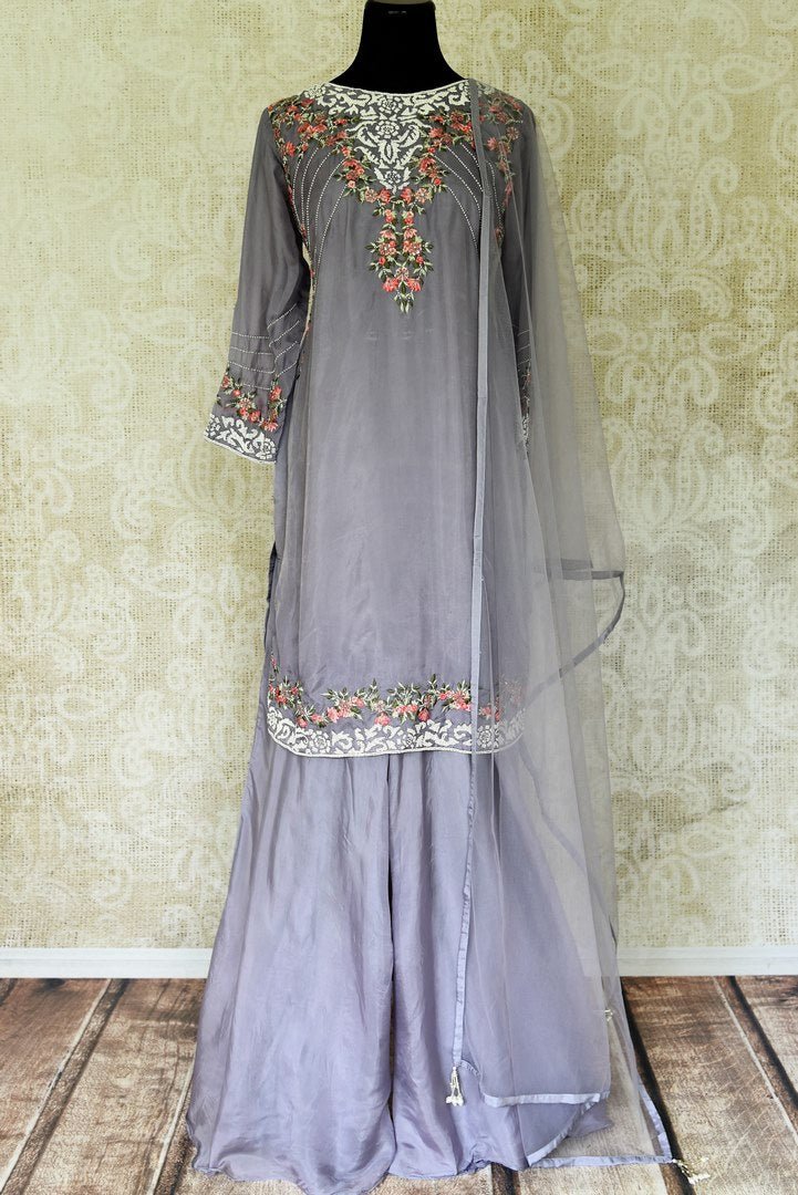 Buy grey silk hand embroidered sharara suit online in USA with dupatta. Elevate your traditional glam on weddings and special occasions with an exclusive range designer suits especially for Indian women in USA at Pure Elegance Indian fashion store. -full view