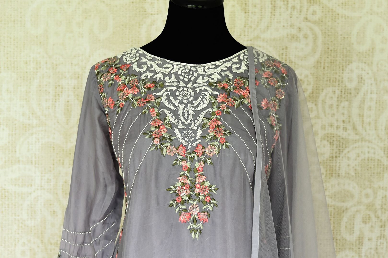 Buy grey silk hand embroidered sharara suit online in USA with dupatta. Elevate your traditional glam on weddings and special occasions with an exclusive range designer suits especially for Indian women in USA at Pure Elegance Indian fashion store. -front