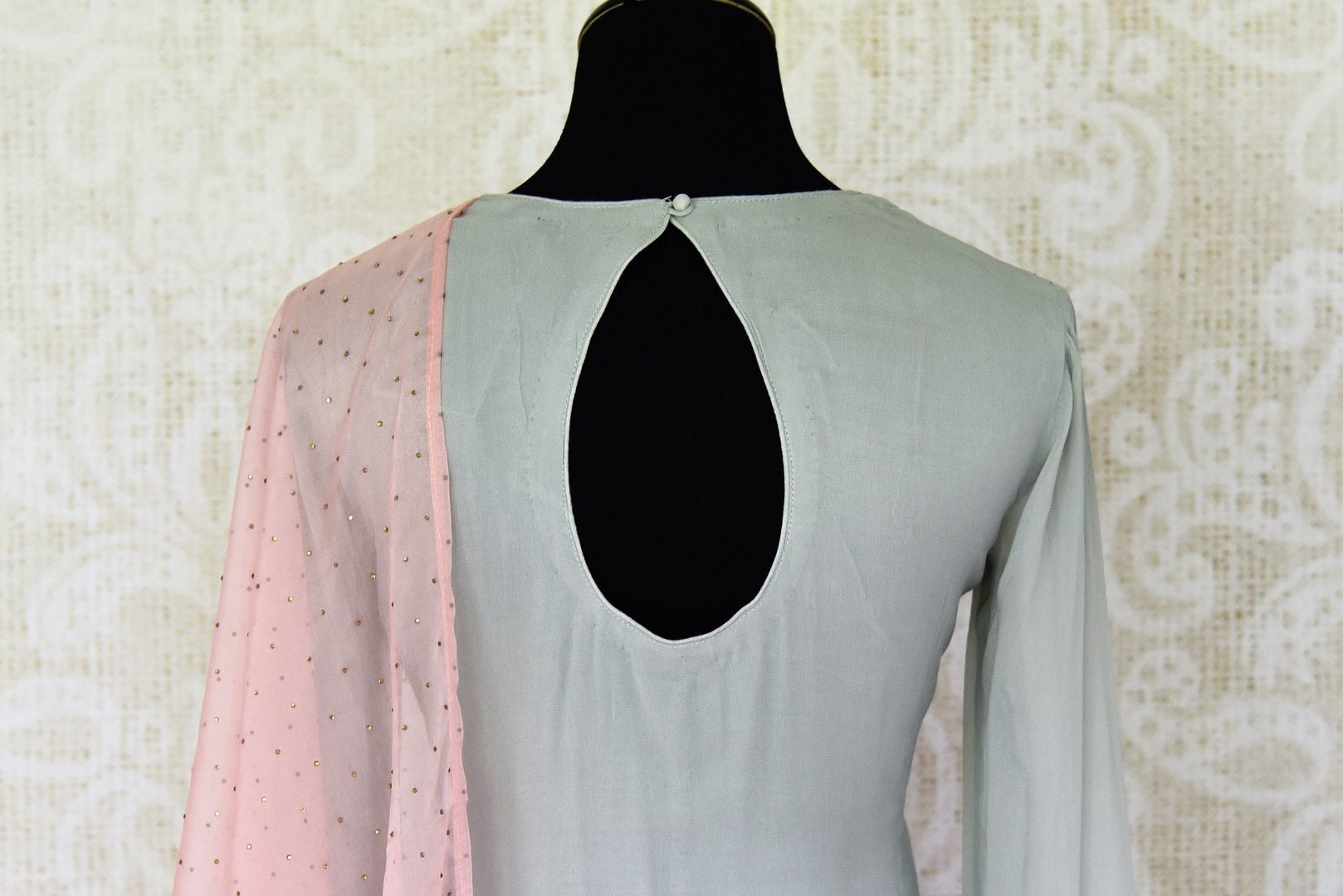 Buy soft green embroidered georgette sharara suit online in USA with dupatta. Elevate your traditional glam on weddings and special occasions with an exclusive range of designer suits especially for Indian women in USA at Pure Elegance Indian fashion store. -back