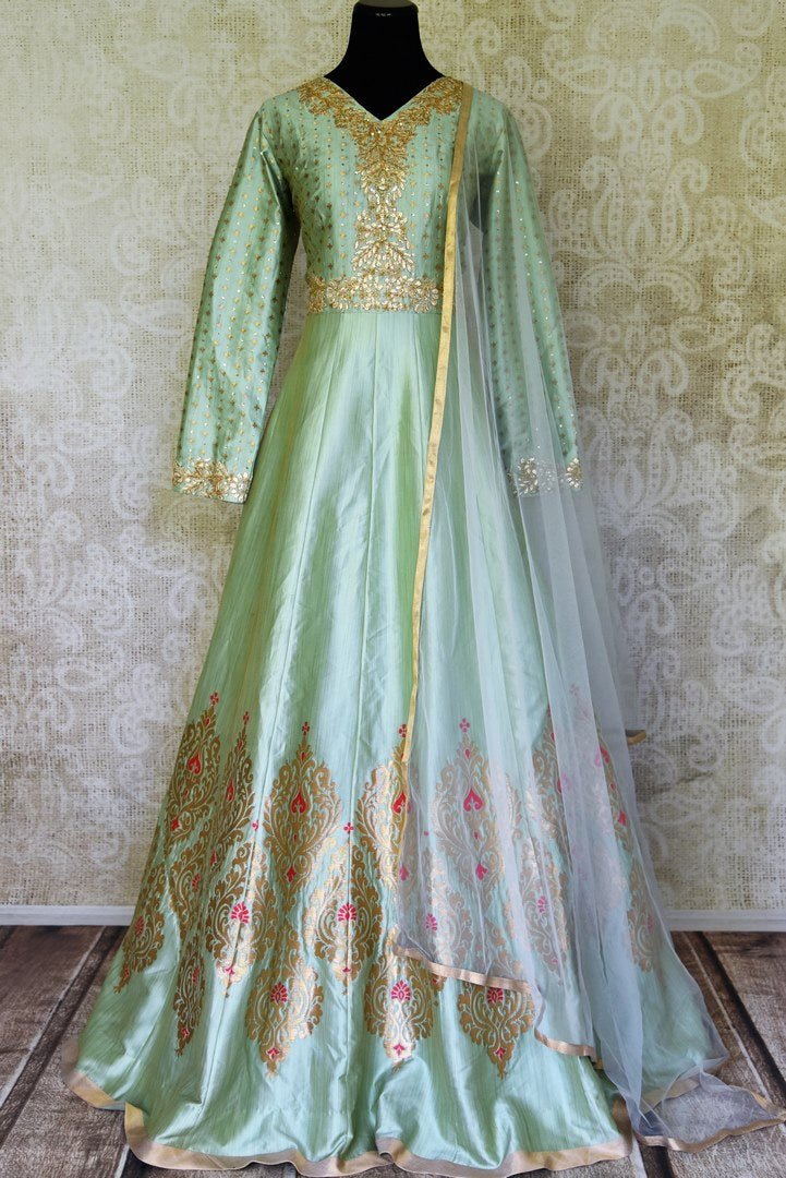 Buy Pastel Green Gota Patti Embroidery Silk Anarkali Suit Online