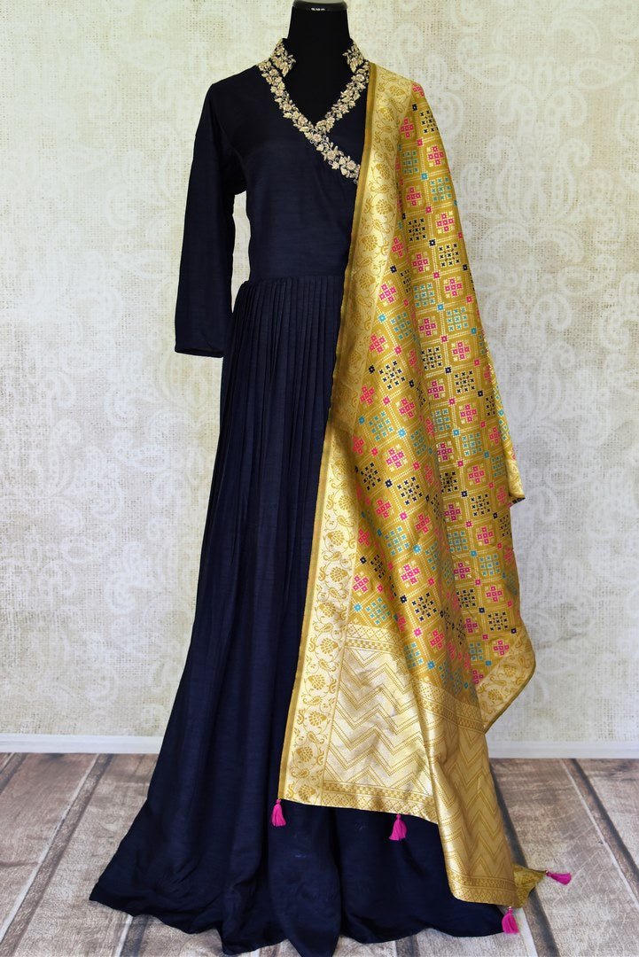 Buy elegant dark blue zardozi embroidery silk Anarkali suit online in USA with yellow dupatta. Step up your ethnic fashion game with exquisite variety of designer suits from Pure Elegance Indian clothing store in USA. Shop online.-full view