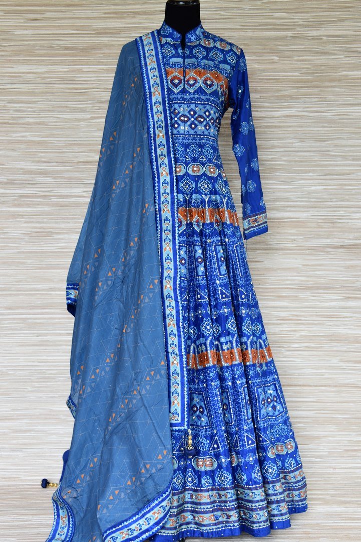 Shop blue embroidered silk Anarkali suit online in USA with dupatta. Shop more such exquisite designer Anarkali suits in USA from Pure Elegance Indian clothing store for women.-full view