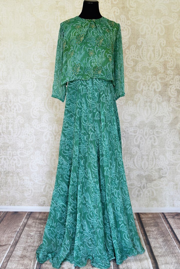 502339 Sea Green Floral Print Chiffon Gown with Embroidery