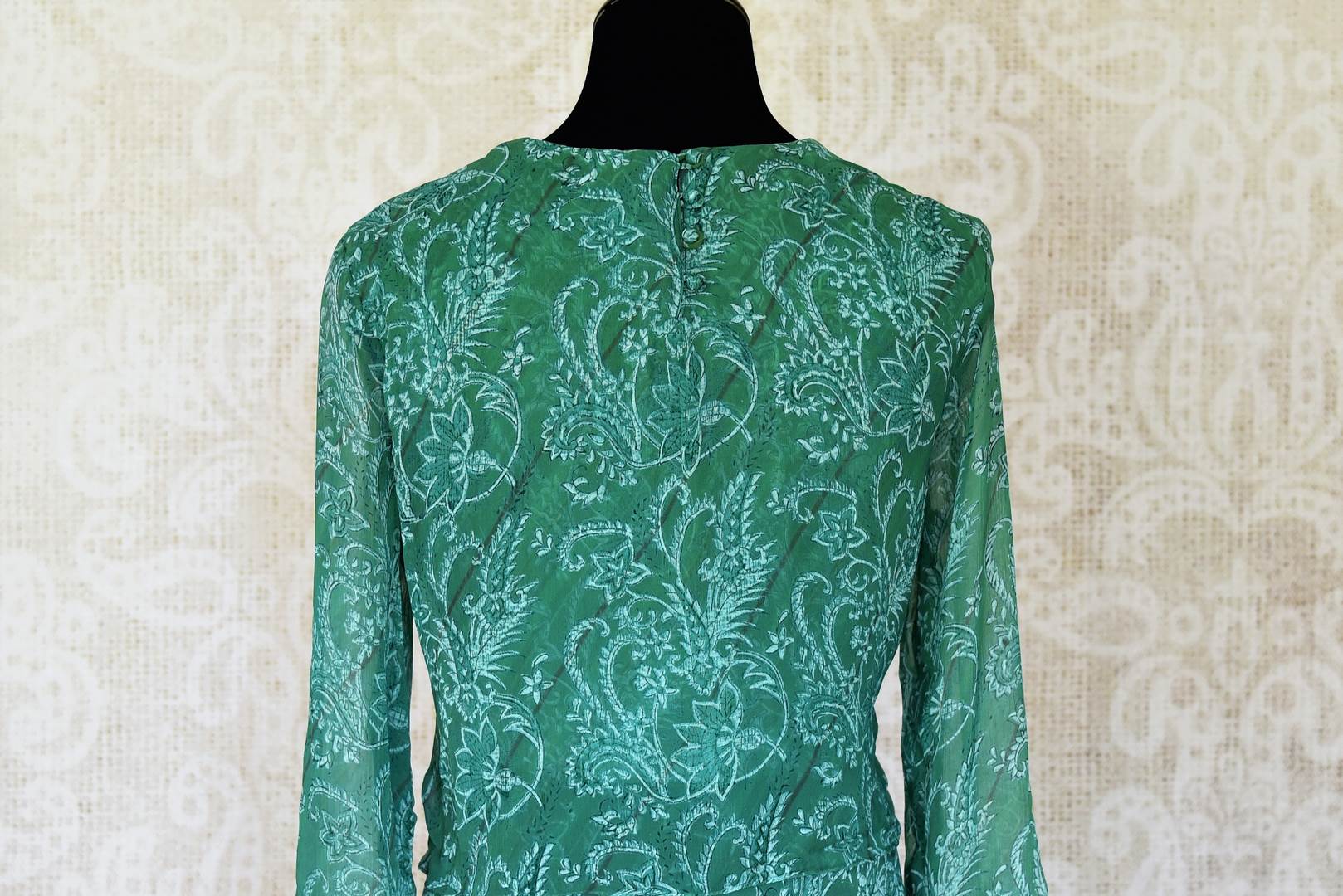 502339 Sea Green Floral Print Chiffon Gown with Embroidery